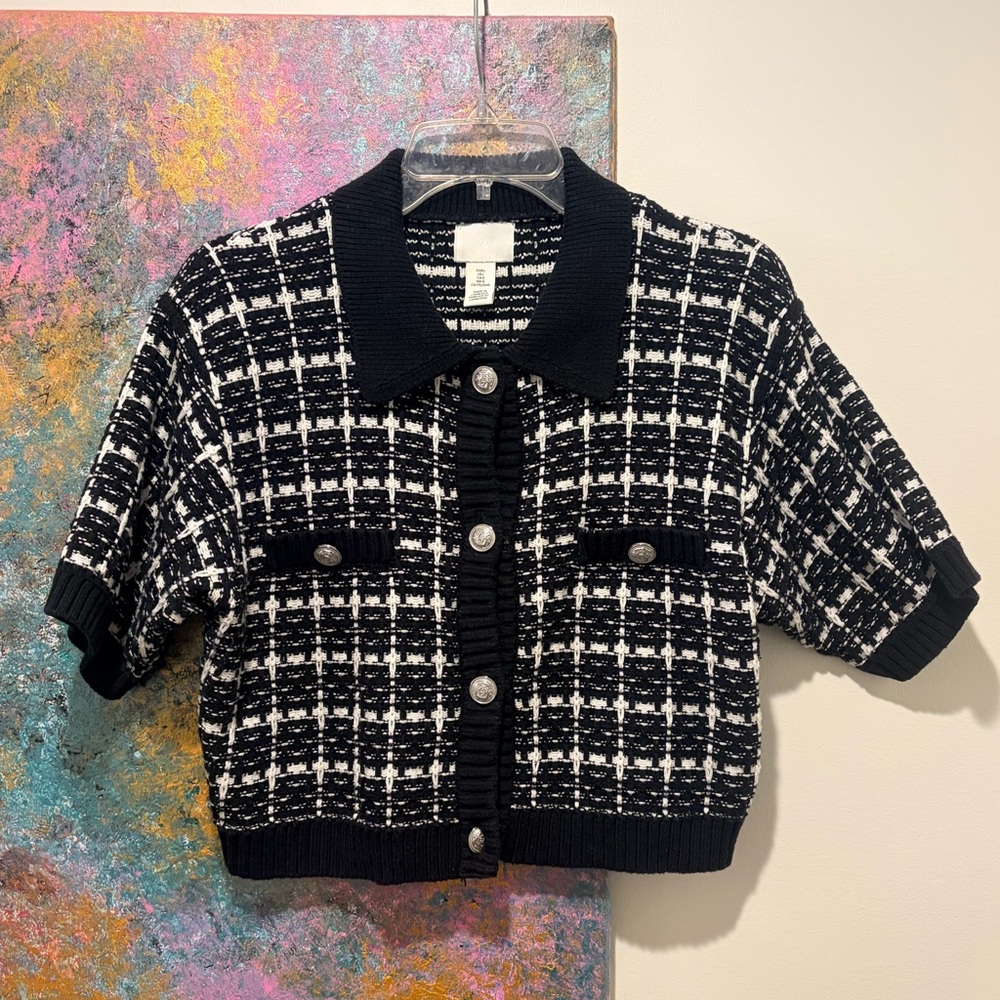 H&M Black and White 60s Inspired Knitted Plaid Crop Top size Large